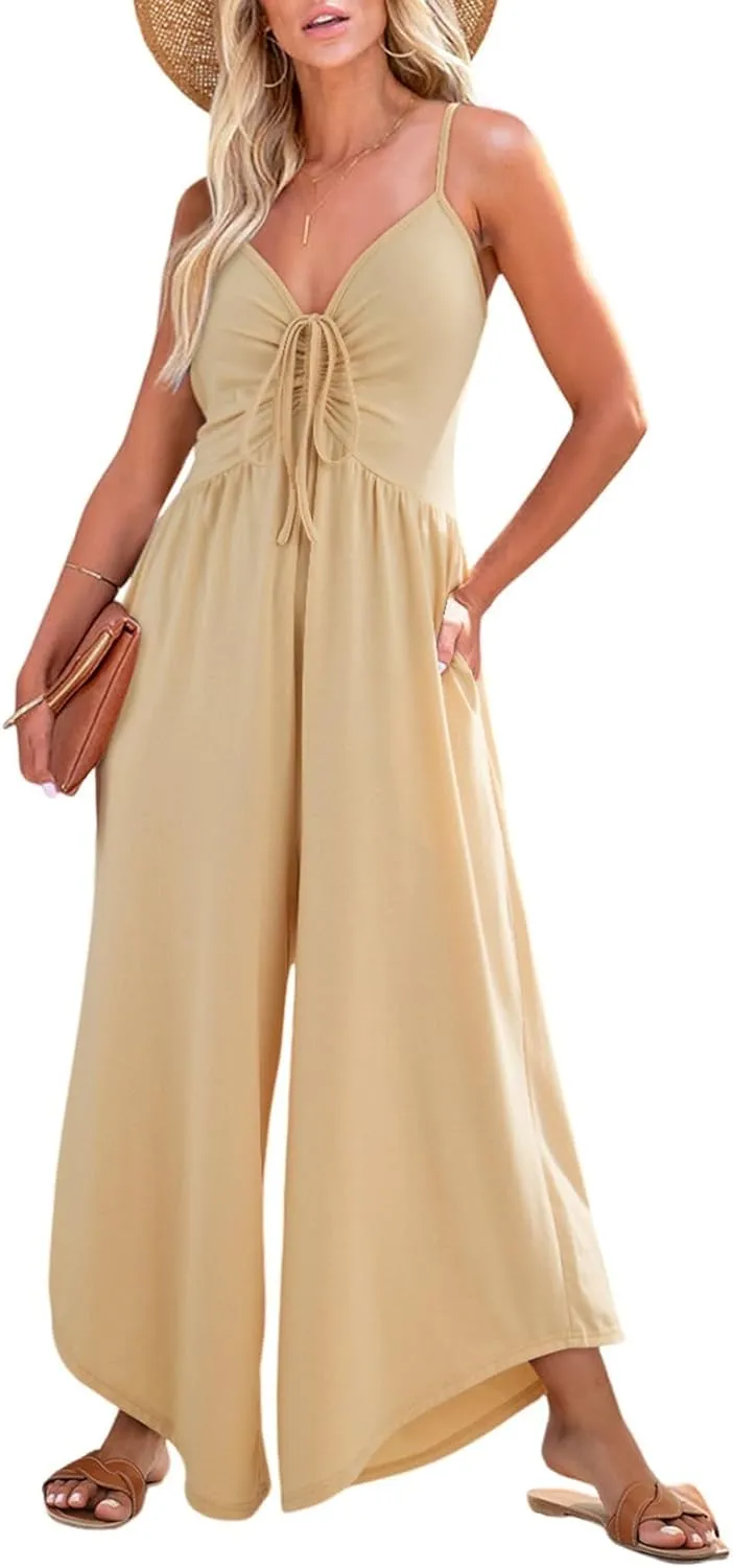 Dokotoo Womens Jumpsuits Spaghetti Straps Ruched Drawstring Knit Wide Leg Romper Casual Jumpsuits with Pockets