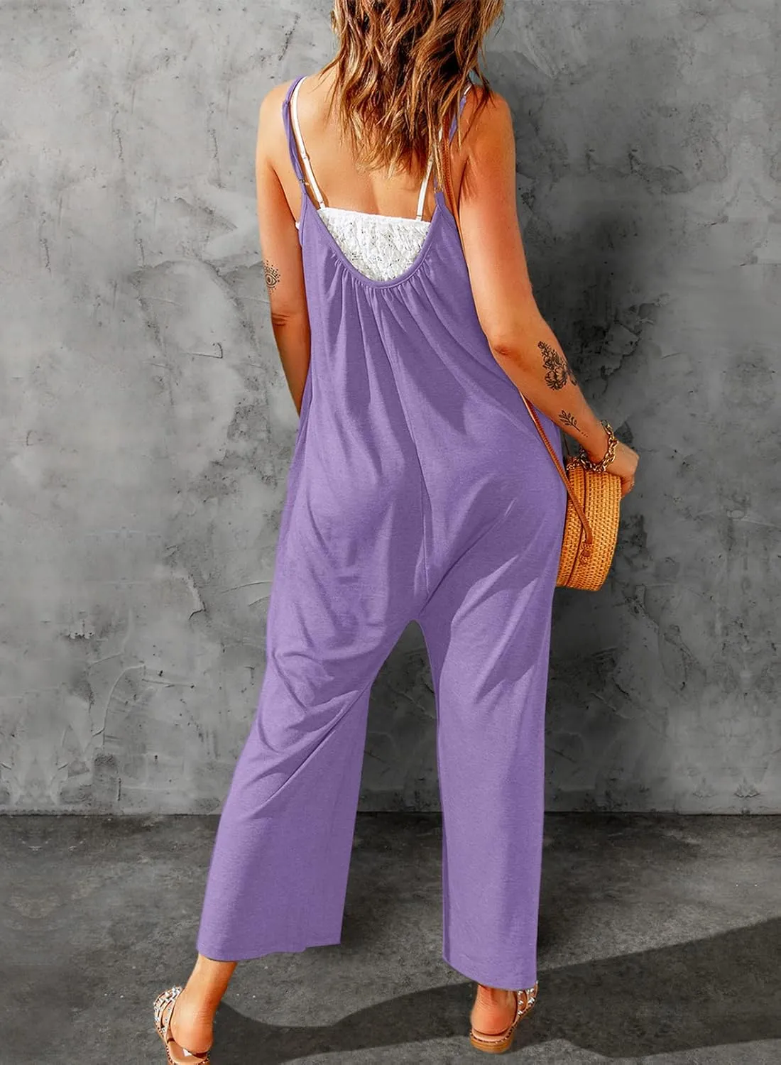 Dokotoo Women's Loose Sleeveless Jumpsuits Adjustable Spaghetti Strap Stretchy Long Pant Romper Jumpsuit with Pockets