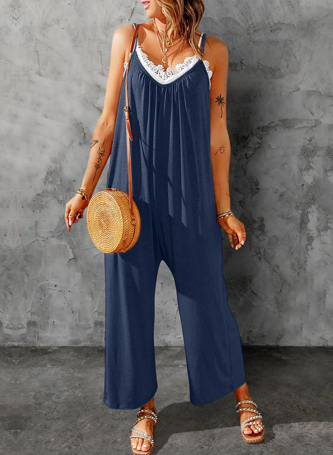 Dokotoo Women's Loose Sleeveless Jumpsuits Adjustable Spaghetti Strap Stretchy Long Pant Romper Jumpsuit with Pockets