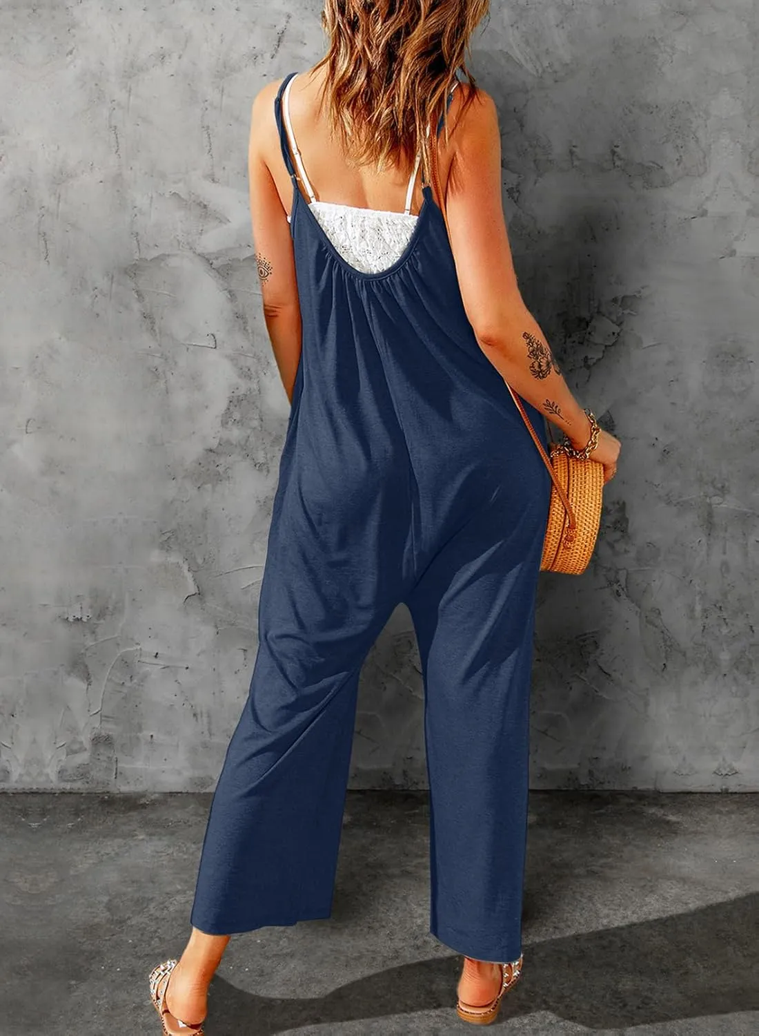 Dokotoo Women's Loose Sleeveless Jumpsuits Adjustable Spaghetti Strap Stretchy Long Pant Romper Jumpsuit with Pockets