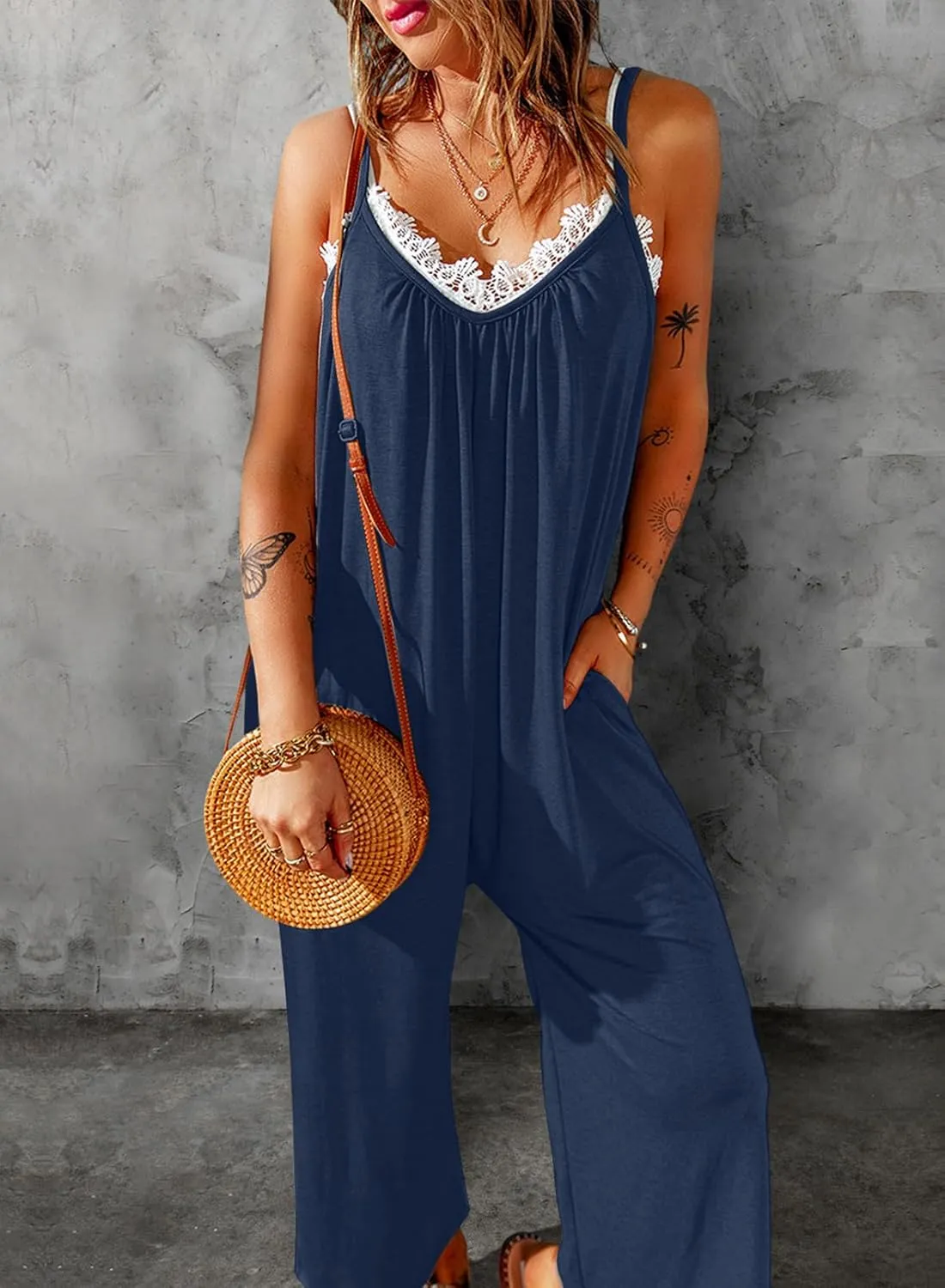 Dokotoo Women's Loose Sleeveless Jumpsuits Adjustable Spaghetti Strap Stretchy Long Pant Romper Jumpsuit with Pockets
