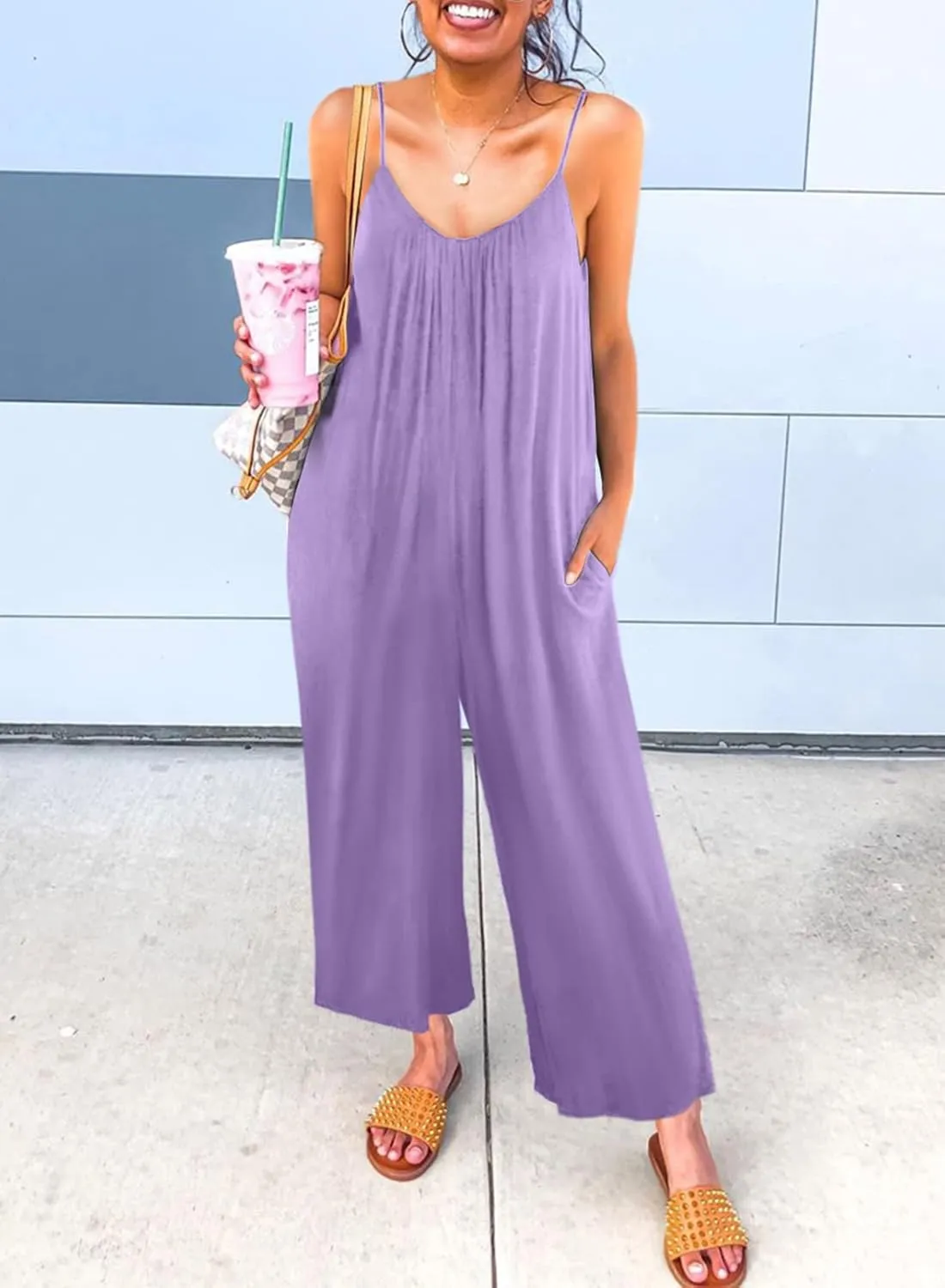 Dokotoo Women's Loose Sleeveless Jumpsuits Adjustable Spaghetti Strap Stretchy Long Pant Romper Jumpsuit with Pockets