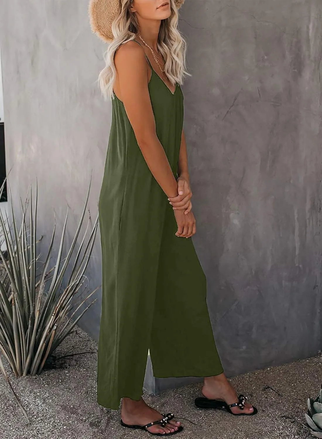 Dokotoo Women's Loose Sleeveless Jumpsuits Adjustable Spaghetti Strap Stretchy Long Pant Romper Jumpsuit with Pockets