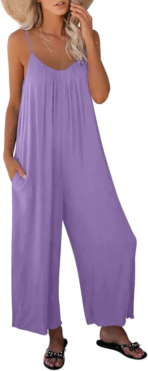 Dokotoo Women's Loose Sleeveless Jumpsuits Adjustable Spaghetti Strap Stretchy Long Pant Romper Jumpsuit with Pockets