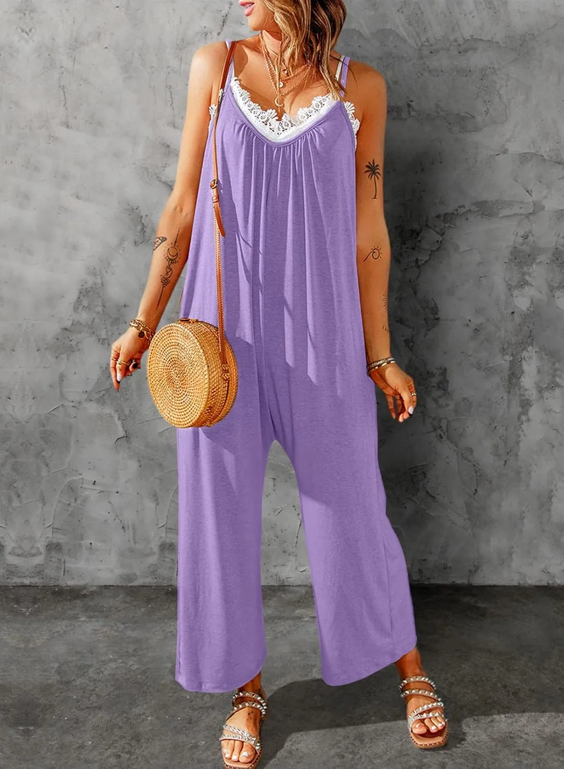 Dokotoo Women's Loose Sleeveless Jumpsuits Adjustable Spaghetti Strap Stretchy Long Pant Romper Jumpsuit with Pockets