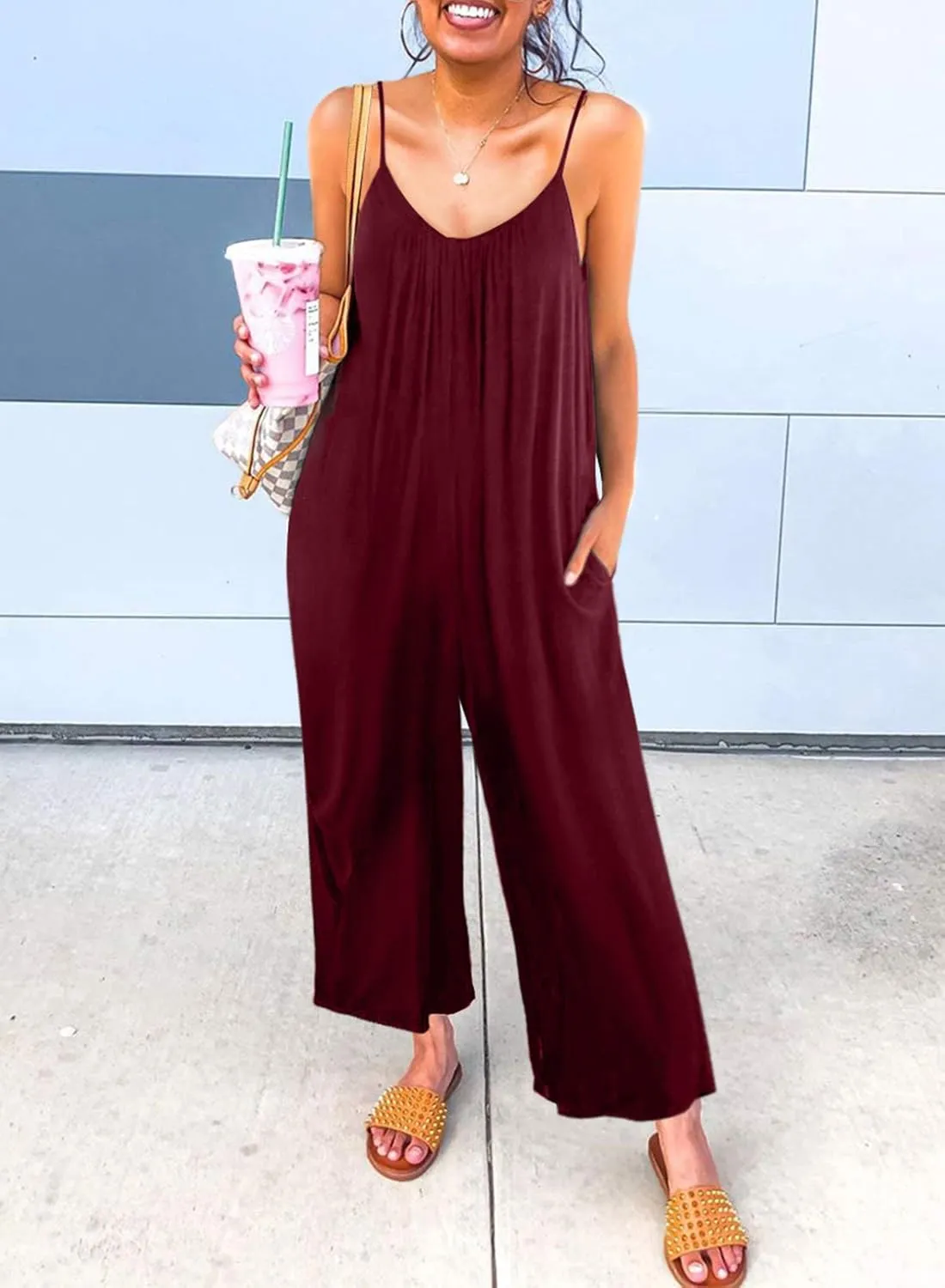 Dokotoo Women's Loose Sleeveless Jumpsuits Adjustable Spaghetti Strap Stretchy Long Pant Romper Jumpsuit with Pockets