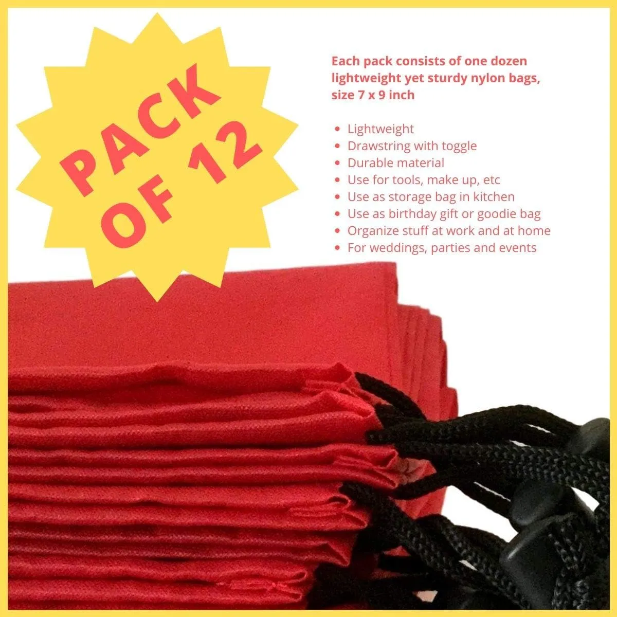 Drawstring Bag - Nylon Cinch and Ditty Stuff Pouch with Toggle (7 x 9-12 pack, Red)