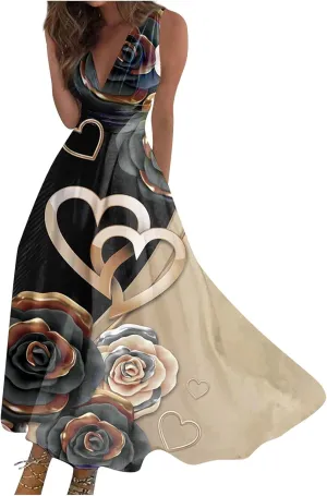 Dresses for Women 2024 Flowy Ruched Wrap V Neck Boho Dress Floral Print Sleeveless Maxi Dress Flowy Beach Dresses