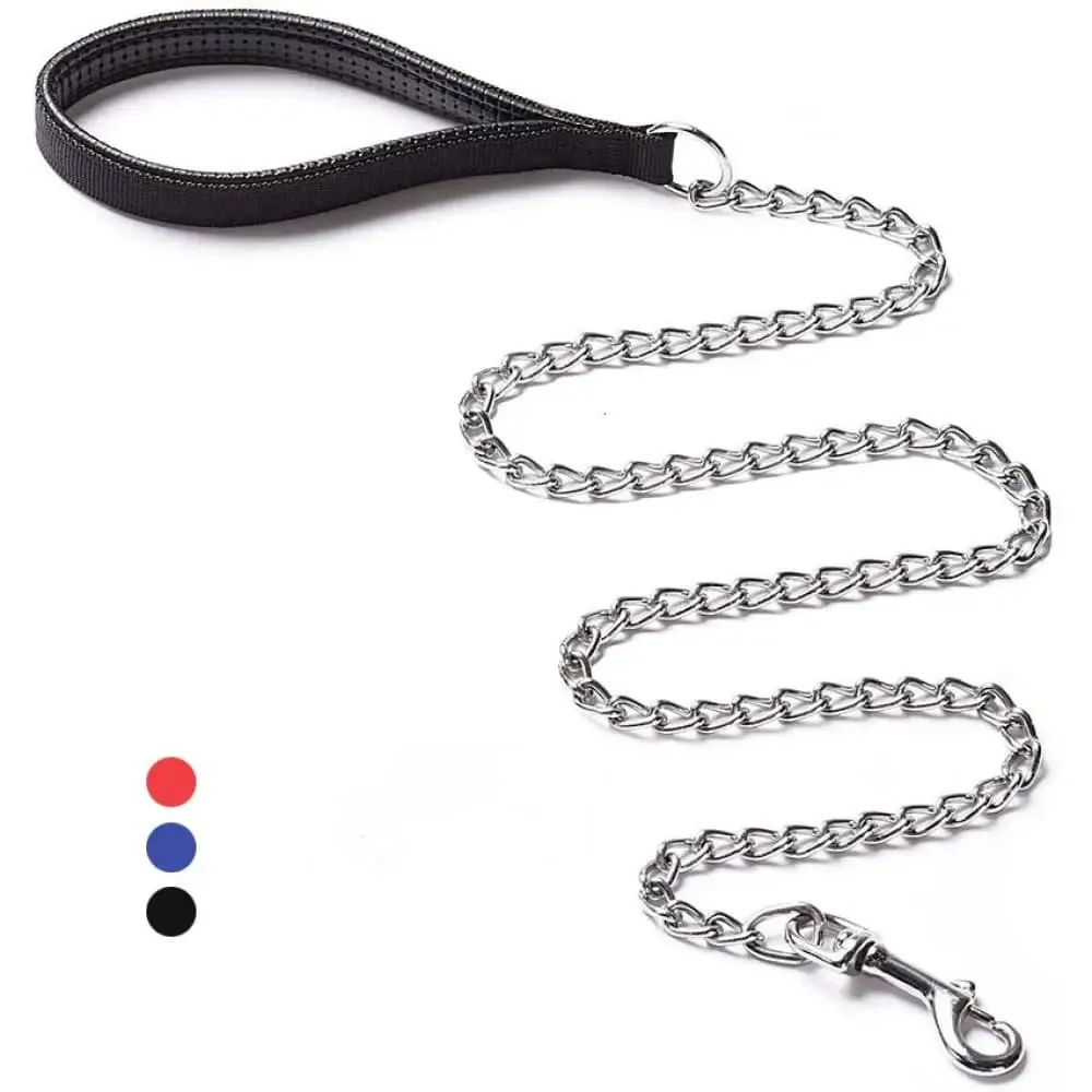 Durable Heavy Duty Comfortable Pu Leather Padded Handle Metal Pet Leash for Medium, Large Dogs