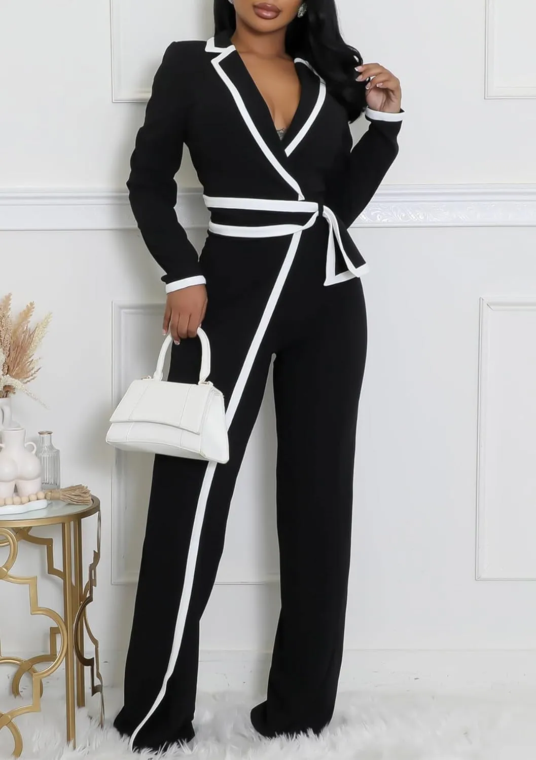 Ecirod Formal Jumpsuits for Women Dressy Casual Sexy Lapel Deep V Neck Long Sleeve Jumpsuit Rompers with Belt