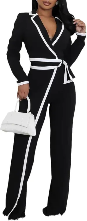 Ecirod Formal Jumpsuits for Women Dressy Casual Sexy Lapel Deep V Neck Long Sleeve Jumpsuit Rompers with Belt