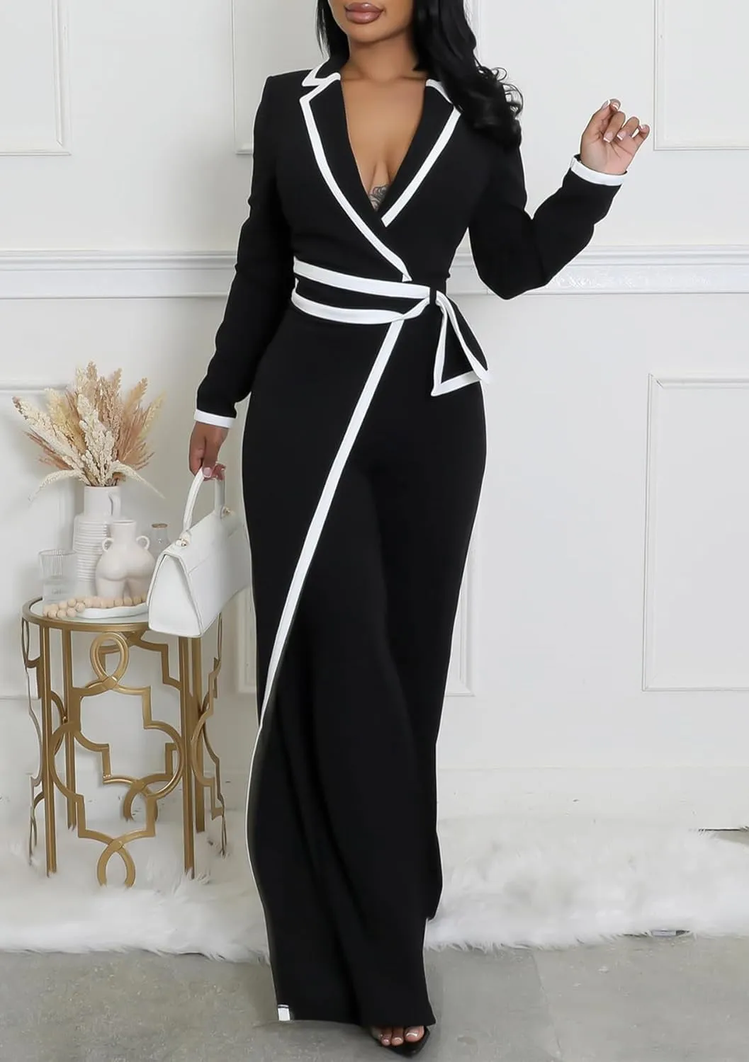 Ecirod Formal Jumpsuits for Women Dressy Casual Sexy Lapel Deep V Neck Long Sleeve Jumpsuit Rompers with Belt
