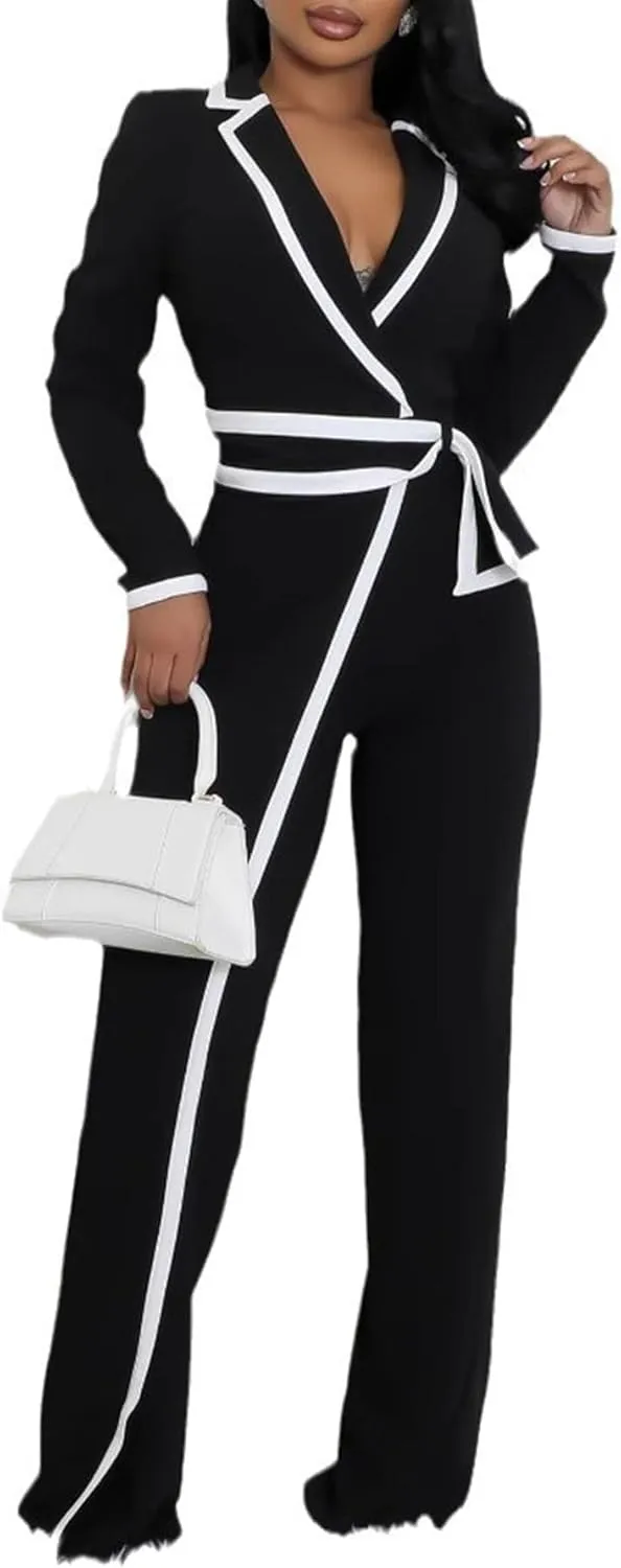Ecirod Formal Jumpsuits for Women Dressy Casual Sexy Lapel Deep V Neck Long Sleeve Jumpsuit Rompers with Belt