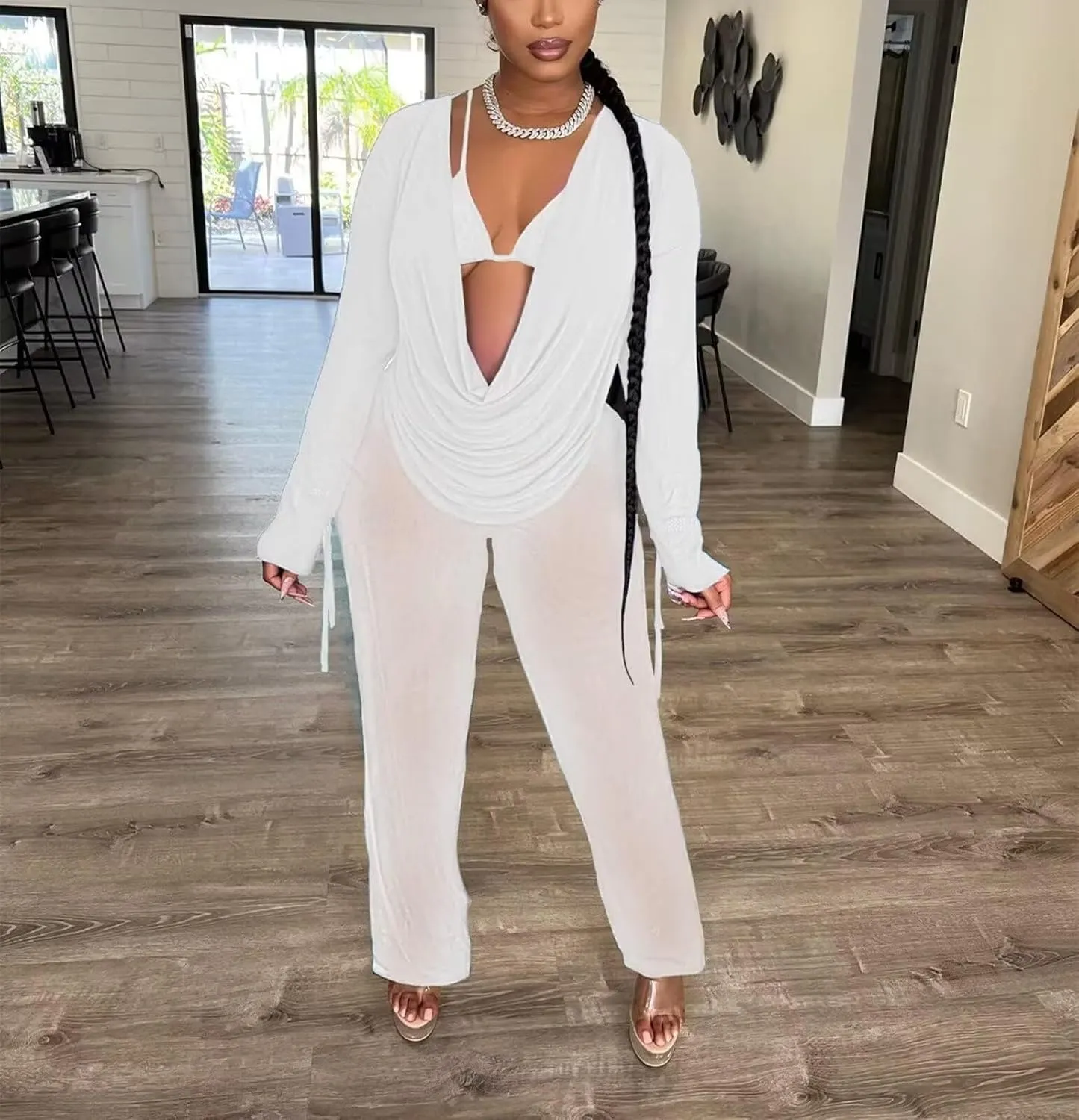 EDITCOZY Women Mesh Sheer 3pcs Outfits Long Sleeve Top Long Pant Bikini Cover Up