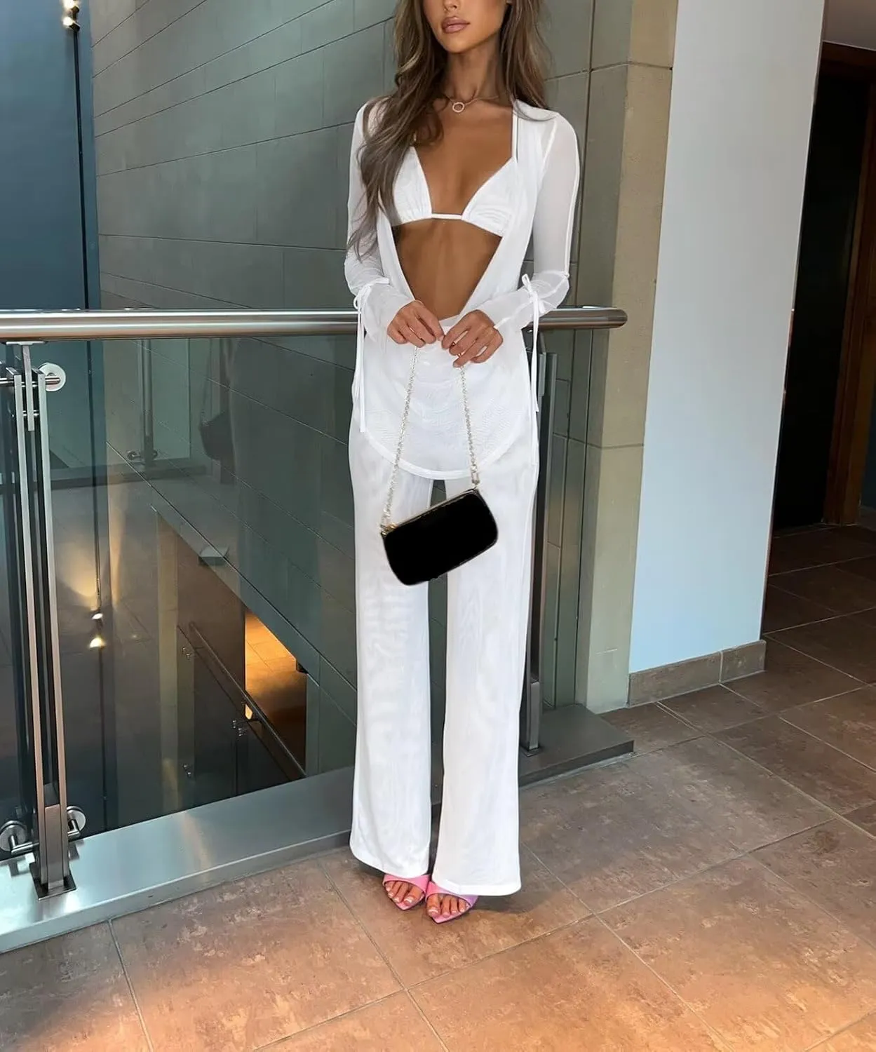 EDITCOZY Women Mesh Sheer 3pcs Outfits Long Sleeve Top Long Pant Bikini Cover Up