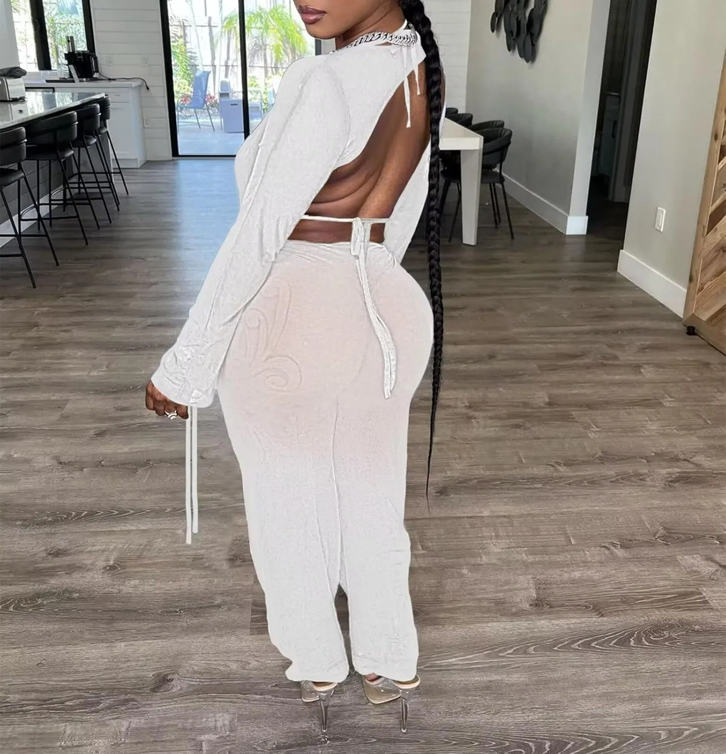 EDITCOZY Women Mesh Sheer 3pcs Outfits Long Sleeve Top Long Pant Bikini Cover Up