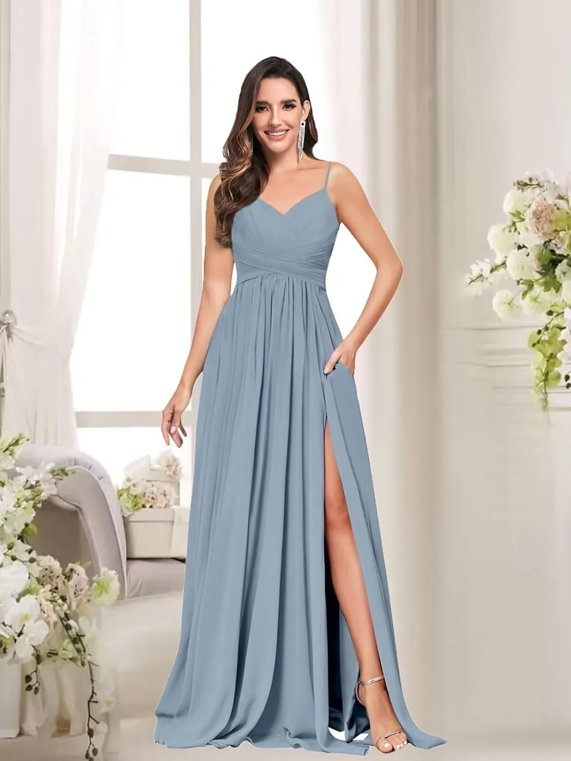 Elegant Chiffon Bridesmaid Dresses for Women Long V Neck Pleated Formal Evening Gown with Pockets