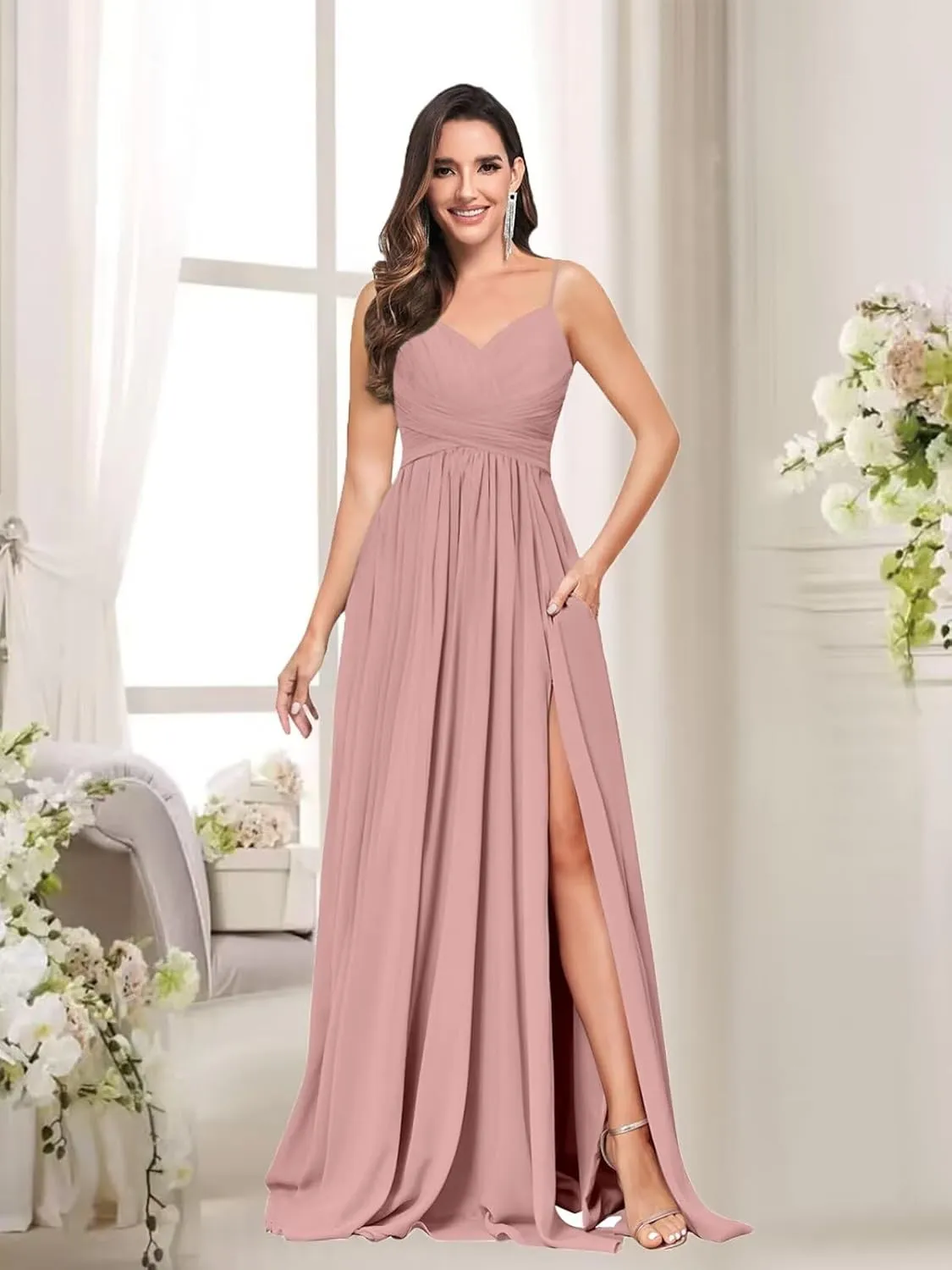 Elegant Chiffon Bridesmaid Dresses for Women Long V Neck Pleated Formal Evening Gown with Pockets