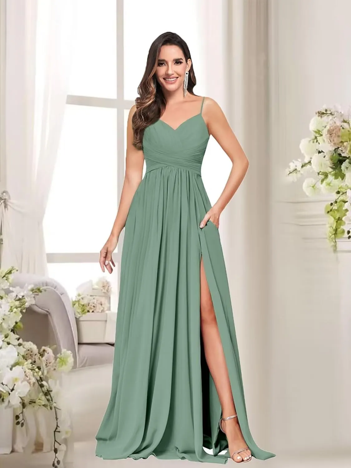 Elegant Chiffon Bridesmaid Dresses for Women Long V Neck Pleated Formal Evening Gown with Pockets