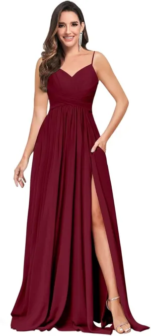 Elegant Chiffon Bridesmaid Dresses for Women Long V Neck Pleated Formal Evening Gown with Pockets