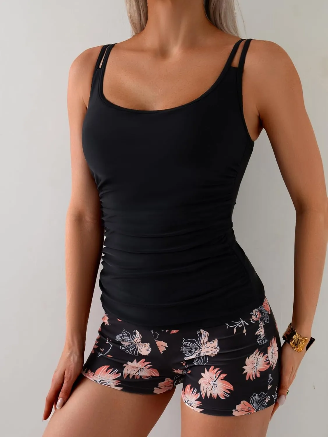 Eomenie Women's Swimsuit Tankini Set Modest Tummy Control Slimming Bathing Suits Two Piece Swim Suit with High Waisted Short