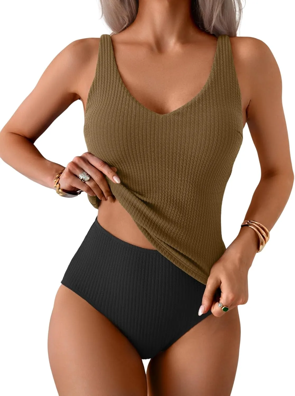 Eomenie Women's Tankini Swimsuits Ribbed Tummy Control Two Piece Bathing Suits Tie Back High Waisted Swimwear