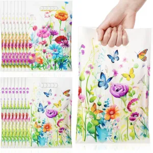 Epakh 100 Pcs Wildflower Gift Bags Bulk Plastic Goody Bags with Handles Wildflower Treat Packing Floral Butterfly Candy Gift Decoration for Baby Shower Summer Spring Floral Birthday Party Supplies