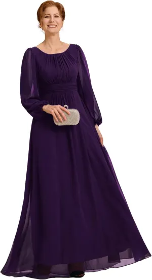Ever-Pretty Classic Round Neck Long Sleeves Empire Waist Floor Length Chiffon Mother of The Bride Dresses 0106B-PH