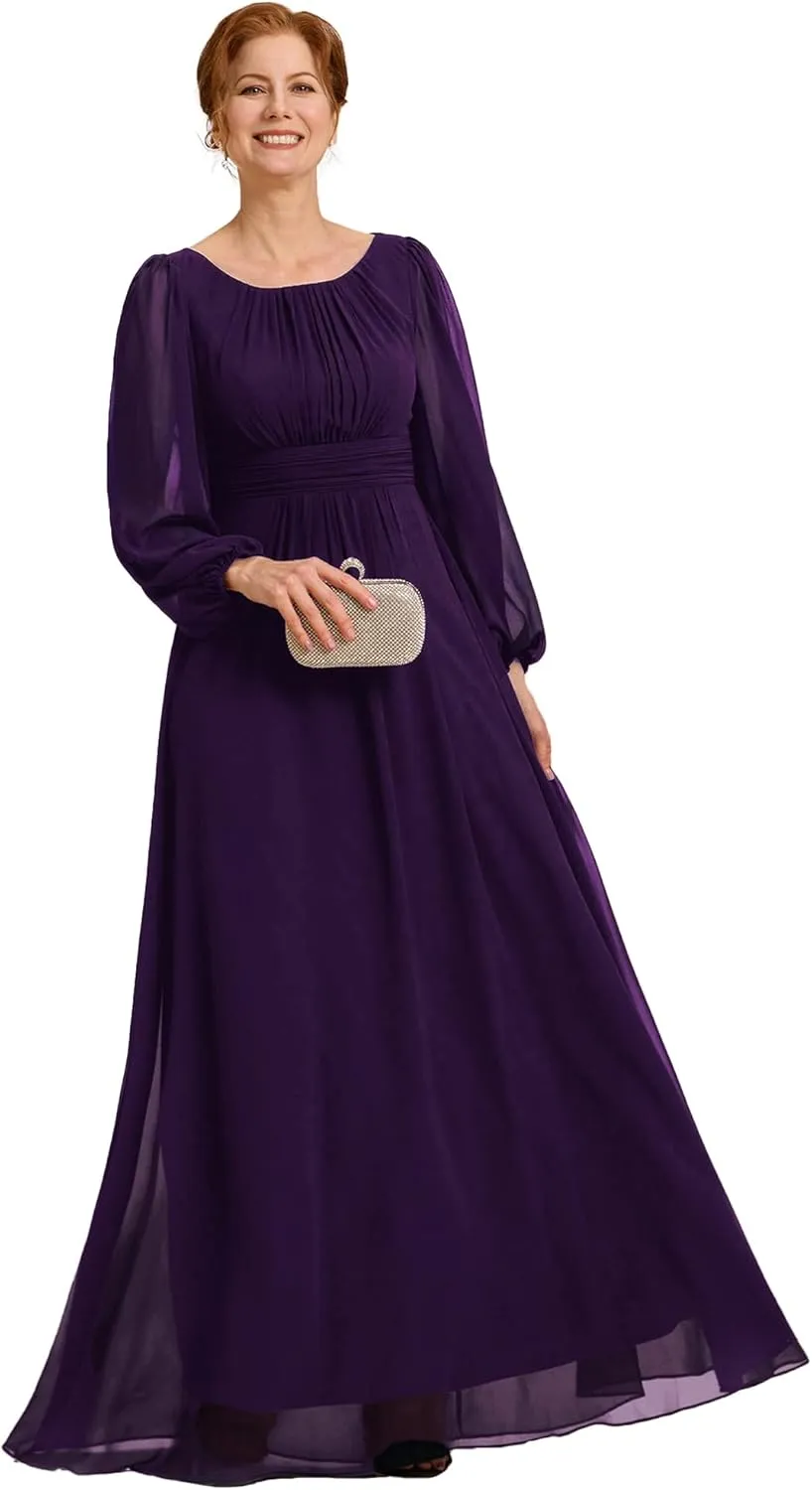 Ever-Pretty Classic Round Neck Long Sleeves Empire Waist Floor Length Chiffon Mother of The Bride Dresses 0106B-PH
