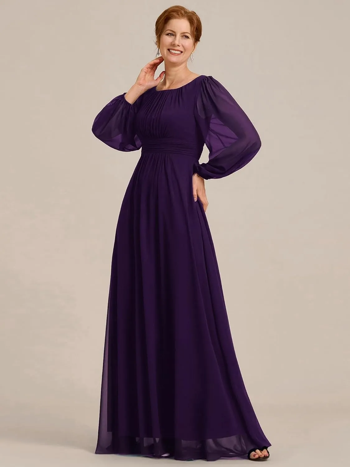 Ever-Pretty Classic Round Neck Long Sleeves Empire Waist Floor Length Chiffon Mother of The Bride Dresses 0106B-PH