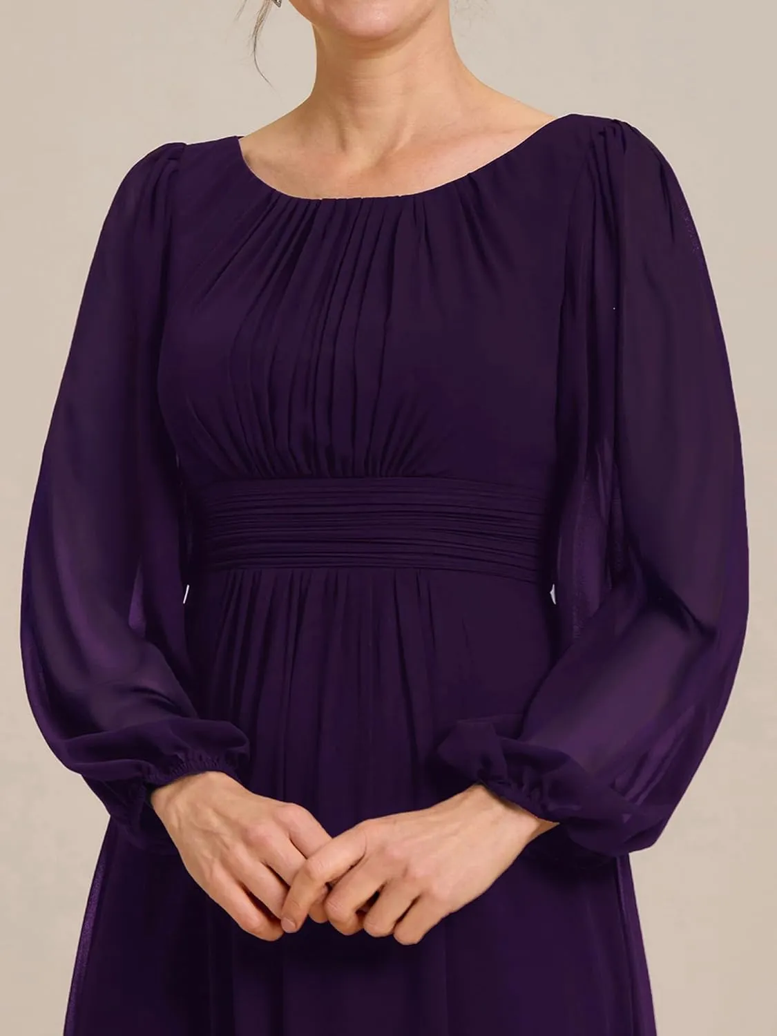 Ever-Pretty Classic Round Neck Long Sleeves Empire Waist Floor Length Chiffon Mother of The Bride Dresses 0106B-PH