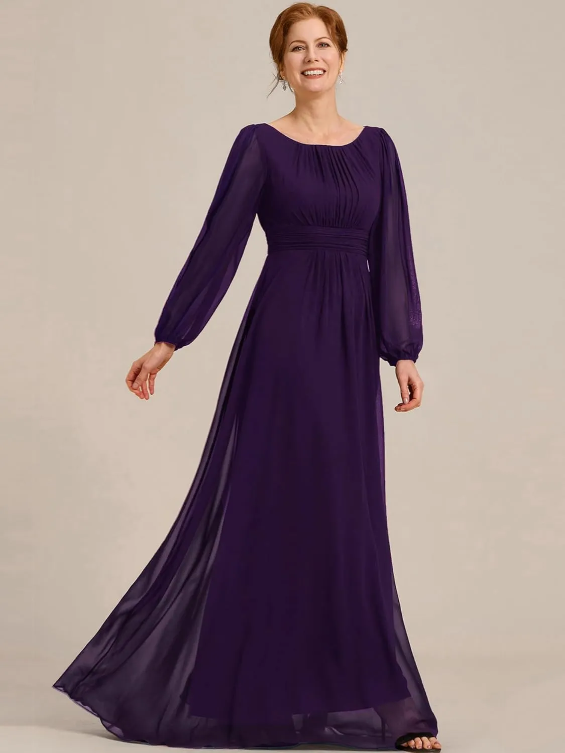 Ever-Pretty Classic Round Neck Long Sleeves Empire Waist Floor Length Chiffon Mother of The Bride Dresses 0106B-PH