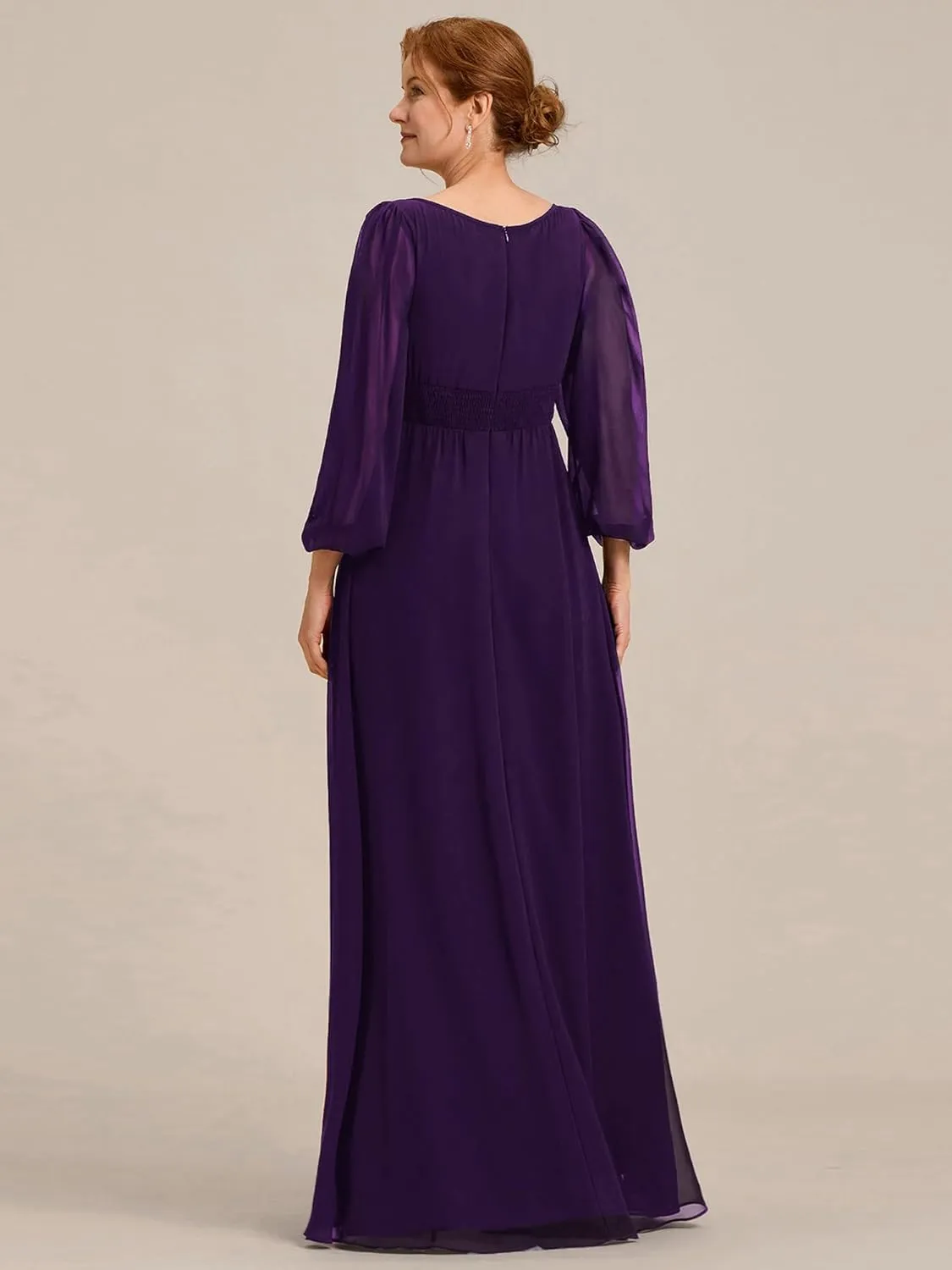 Ever-Pretty Classic Round Neck Long Sleeves Empire Waist Floor Length Chiffon Mother of The Bride Dresses 0106B-PH