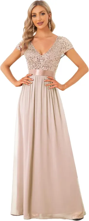 Ever-Pretty Women's Sequin V-Neck line Short Sleeves Empire Waist Maxi Evening Dress Formal Dress 0150 Custom US