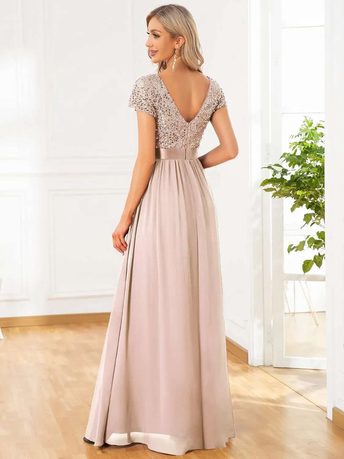 Ever-Pretty Women's Sequin V-Neck line Short Sleeves Empire Waist Maxi Evening Dress Formal Dress 0150 Custom US