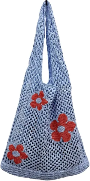 Fairycore Flower Hollow Crochet Tote Bag Big Capacity Shopping Shoulder Bags Women Y2K Aesthetic Cutecore Accessories