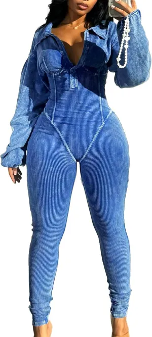 Famnbro Womens Sexy Jumpsuit V Neck Long Sleeve Bodycon One Piece Jumpsuits Ribbed Romper Club Outfits