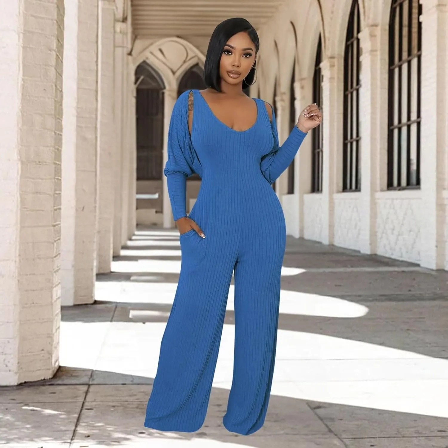 Fastkoala Women's Casual 2 Piece Outfits Ribbed Knitted Cardigan Tank Flare Pants Sweatsuits Vacation Jumpsuits With Pocket