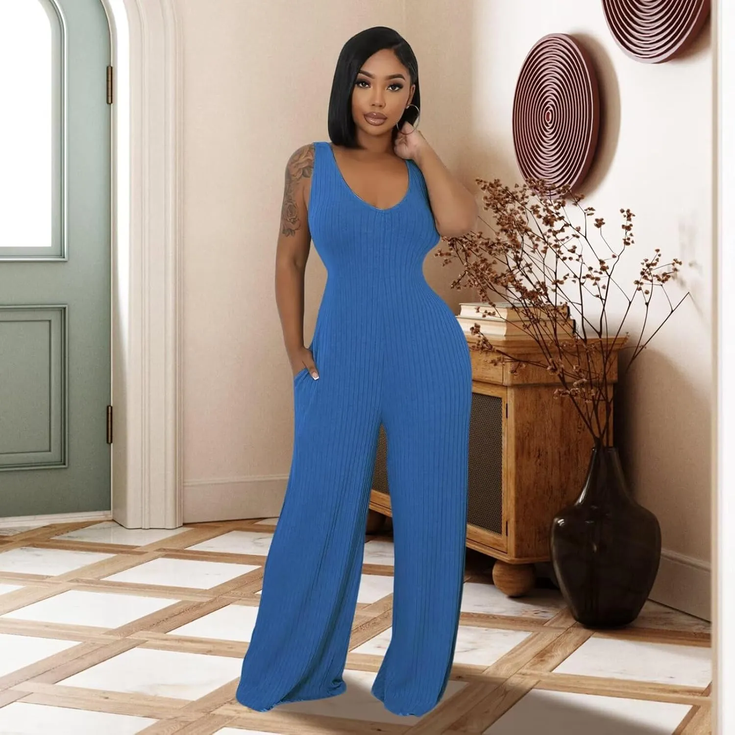 Fastkoala Women's Casual 2 Piece Outfits Ribbed Knitted Cardigan Tank Flare Pants Sweatsuits Vacation Jumpsuits With Pocket