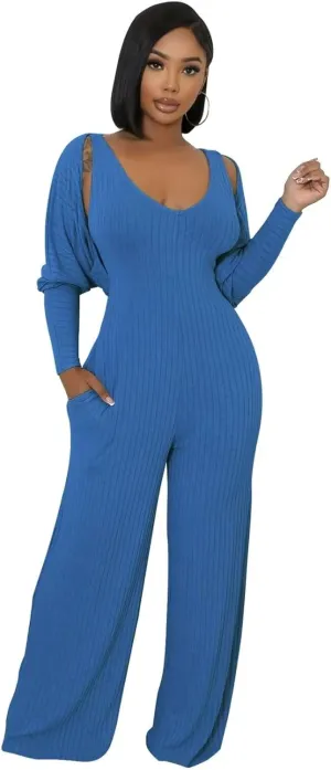 Fastkoala Women's Casual 2 Piece Outfits Ribbed Knitted Cardigan Tank Flare Pants Sweatsuits Vacation Jumpsuits With Pocket