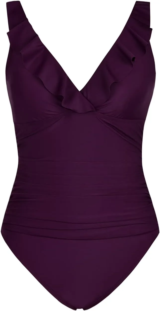 Firpearl Women's Ruffle One Piece Bathing Suits V Neck Vintage Tummy Control Swimsuit Swimwear