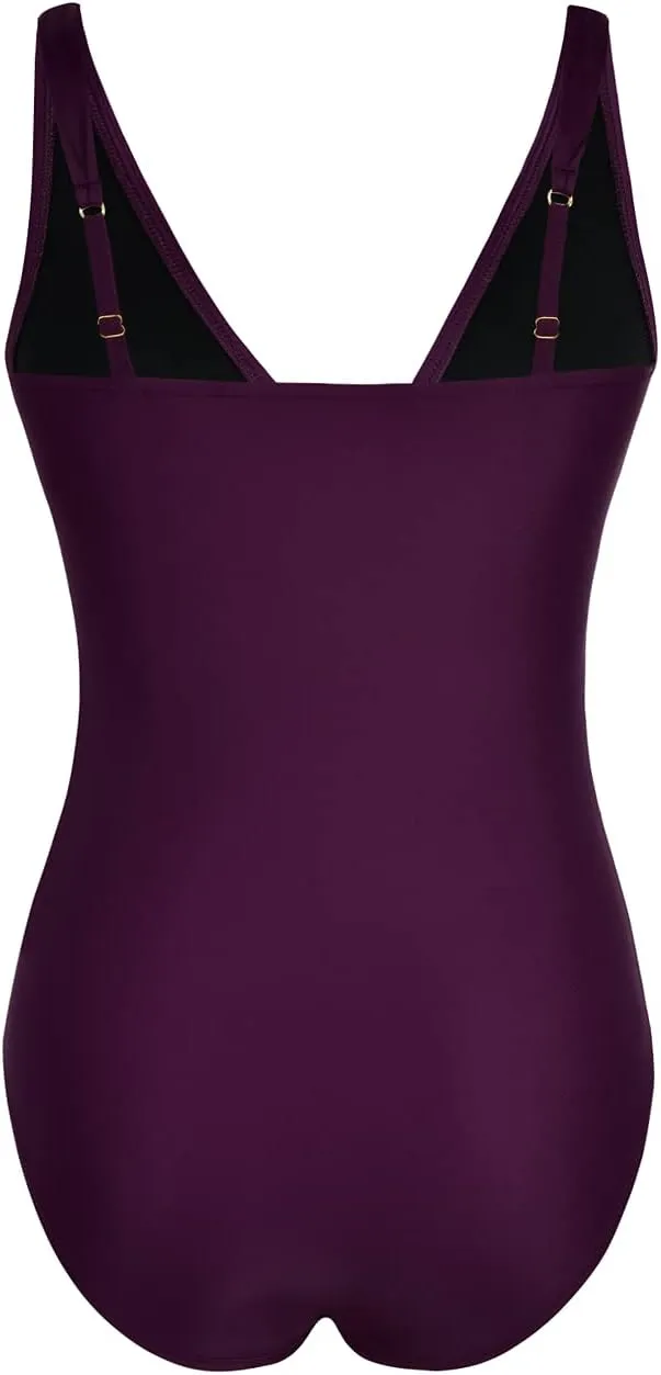 Firpearl Women's Ruffle One Piece Bathing Suits V Neck Vintage Tummy Control Swimsuit Swimwear