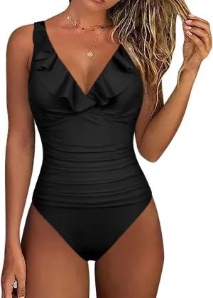Firpearl Women's Ruffle One Piece Bathing Suits V Neck Vintage Tummy Control Swimsuit Swimwear