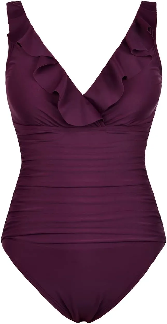 Firpearl Women's Ruffle One Piece Bathing Suits V Neck Vintage Tummy Control Swimsuit Swimwear