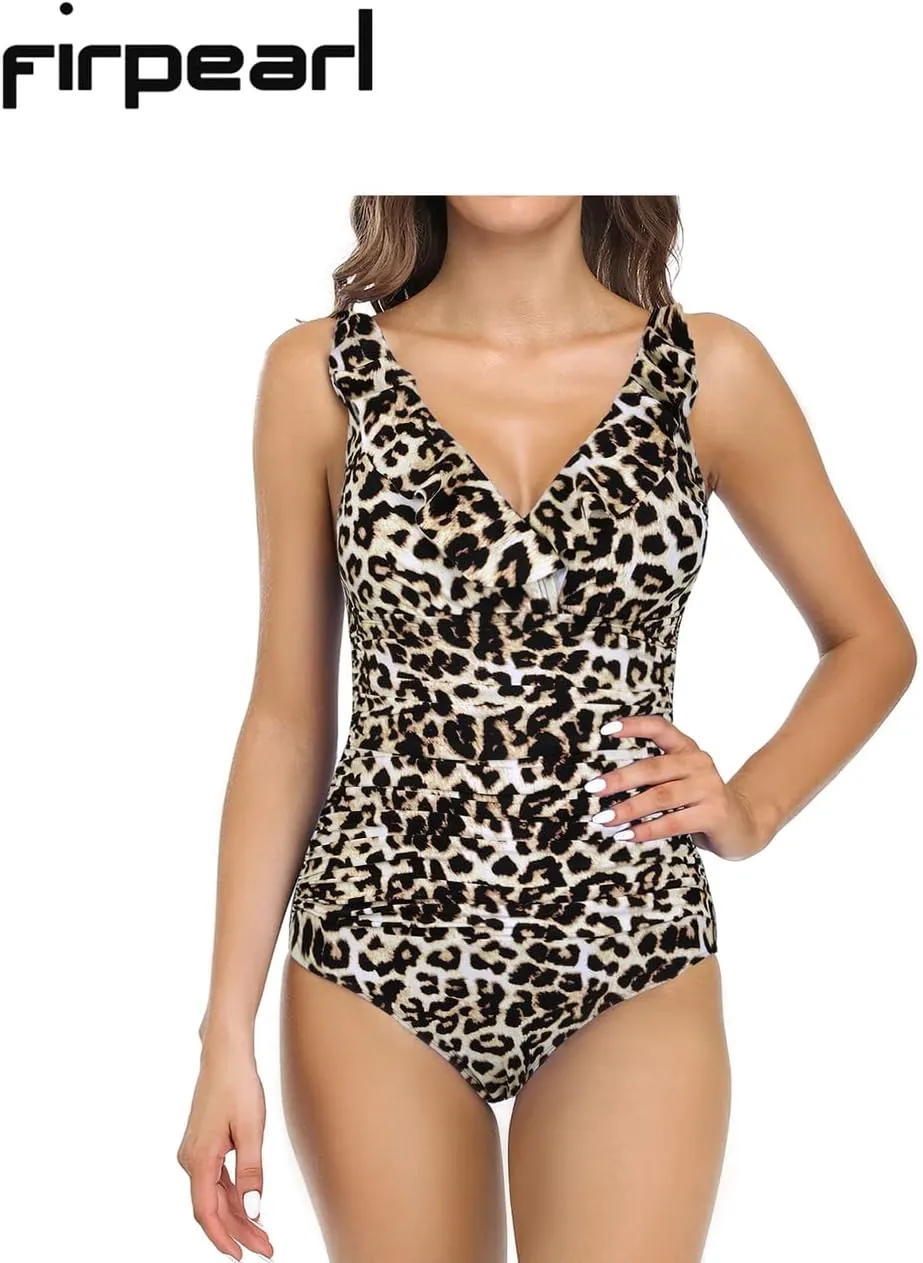 Firpearl Women's Ruffle One Piece Bathing Suits V Neck Vintage Tummy Control Swimsuit Swimwear
