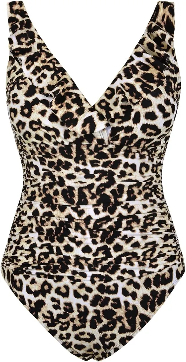 Firpearl Women's Ruffle One Piece Bathing Suits V Neck Vintage Tummy Control Swimsuit Swimwear