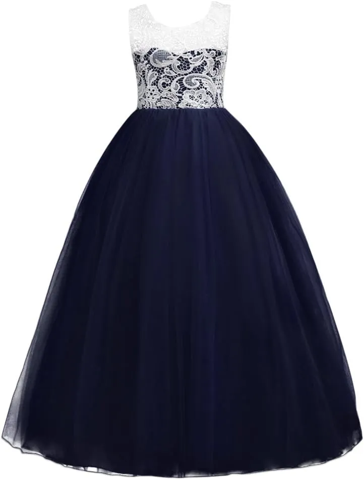 Flower Girls Vintage Lace Maxi Bridesmaid Dress Princess Birthday Wedding Party Tulle Pegeant Evening Formal Prom Dance Gown