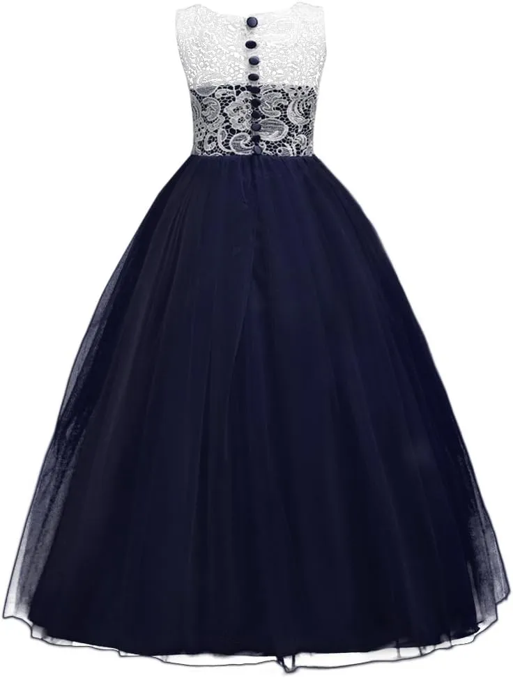 Flower Girls Vintage Lace Maxi Bridesmaid Dress Princess Birthday Wedding Party Tulle Pegeant Evening Formal Prom Dance Gown