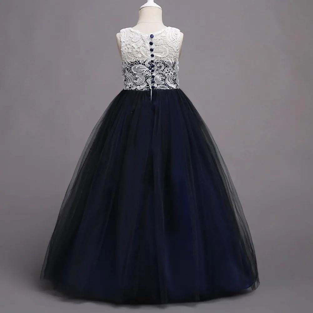 Flower Girls Vintage Lace Maxi Bridesmaid Dress Princess Birthday Wedding Party Tulle Pegeant Evening Formal Prom Dance Gown