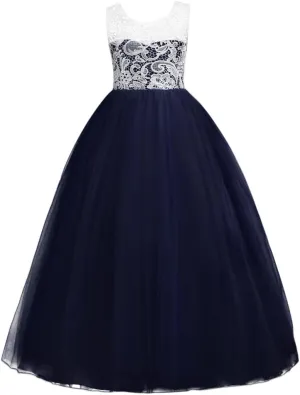 Flower Girls Vintage Lace Maxi Bridesmaid Dress Princess Birthday Wedding Party Tulle Pegeant Evening Formal Prom Dance Gown
